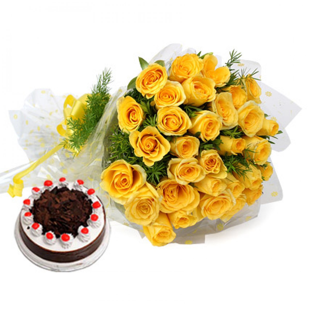Yellow Roses Bunch With Cake